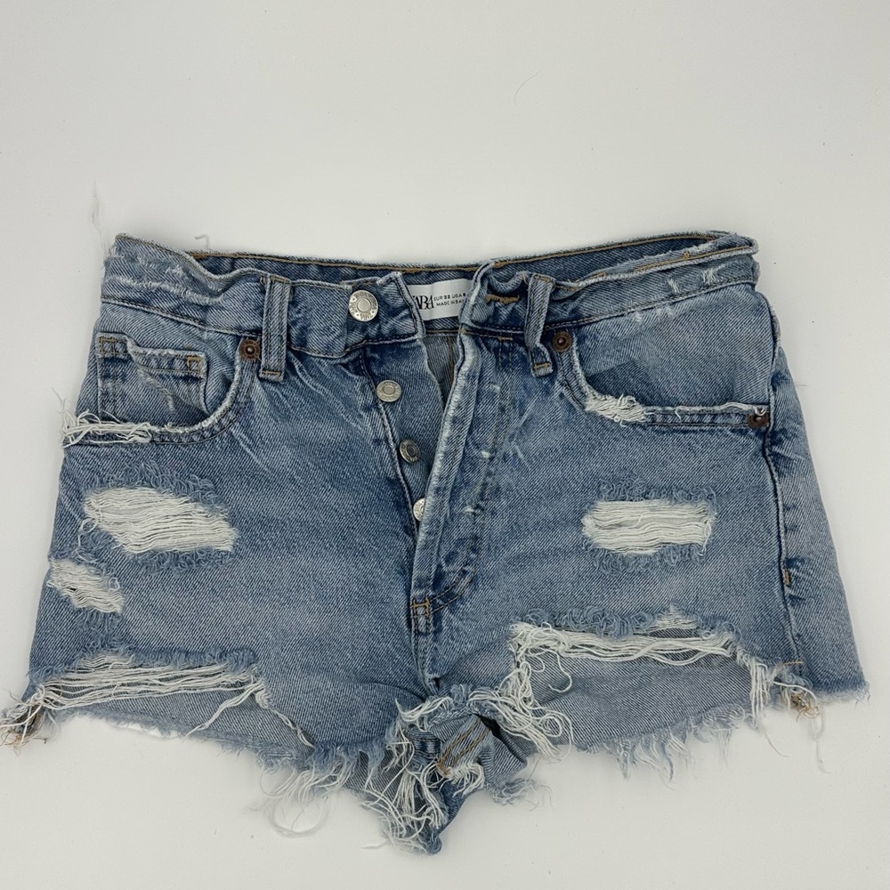 Zara Blue Jean Shorts with Distressed Details